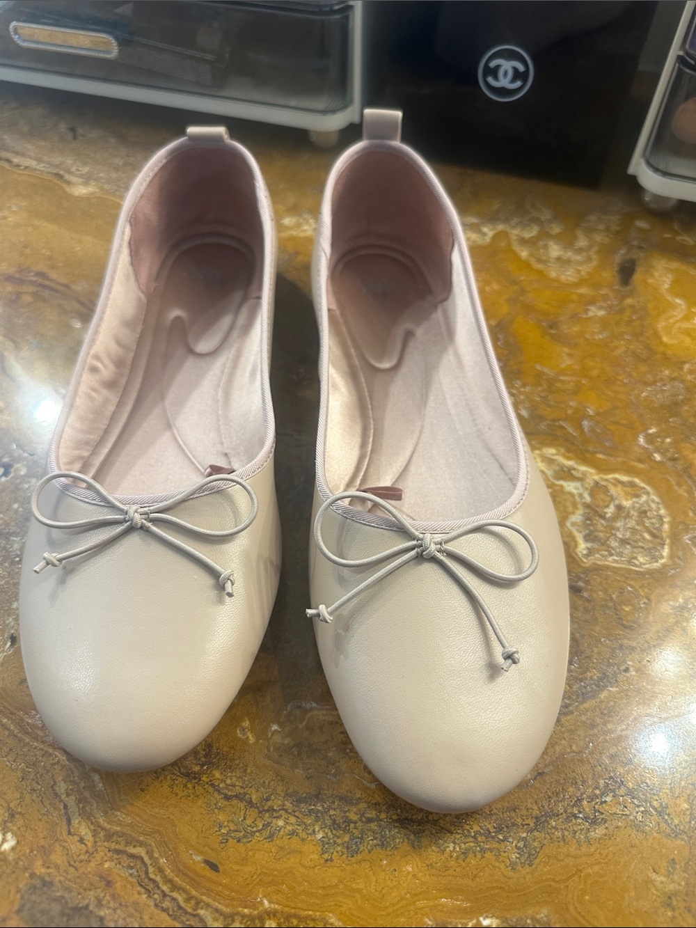 Zara Cream Ballet Flats with Bow Trim